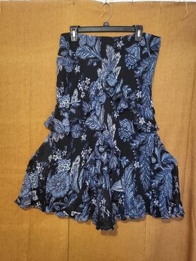 Vintage Ralph Lauren Midi Skirt Batik Pattern Blue Navy Ruffle Rare I Deadstock
